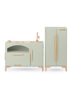 Milton & Goose Luca Play Kitchen collection in light sage. This 2-piece collection includes the Play Kitchen with pizza paddle and play refrigerator.
