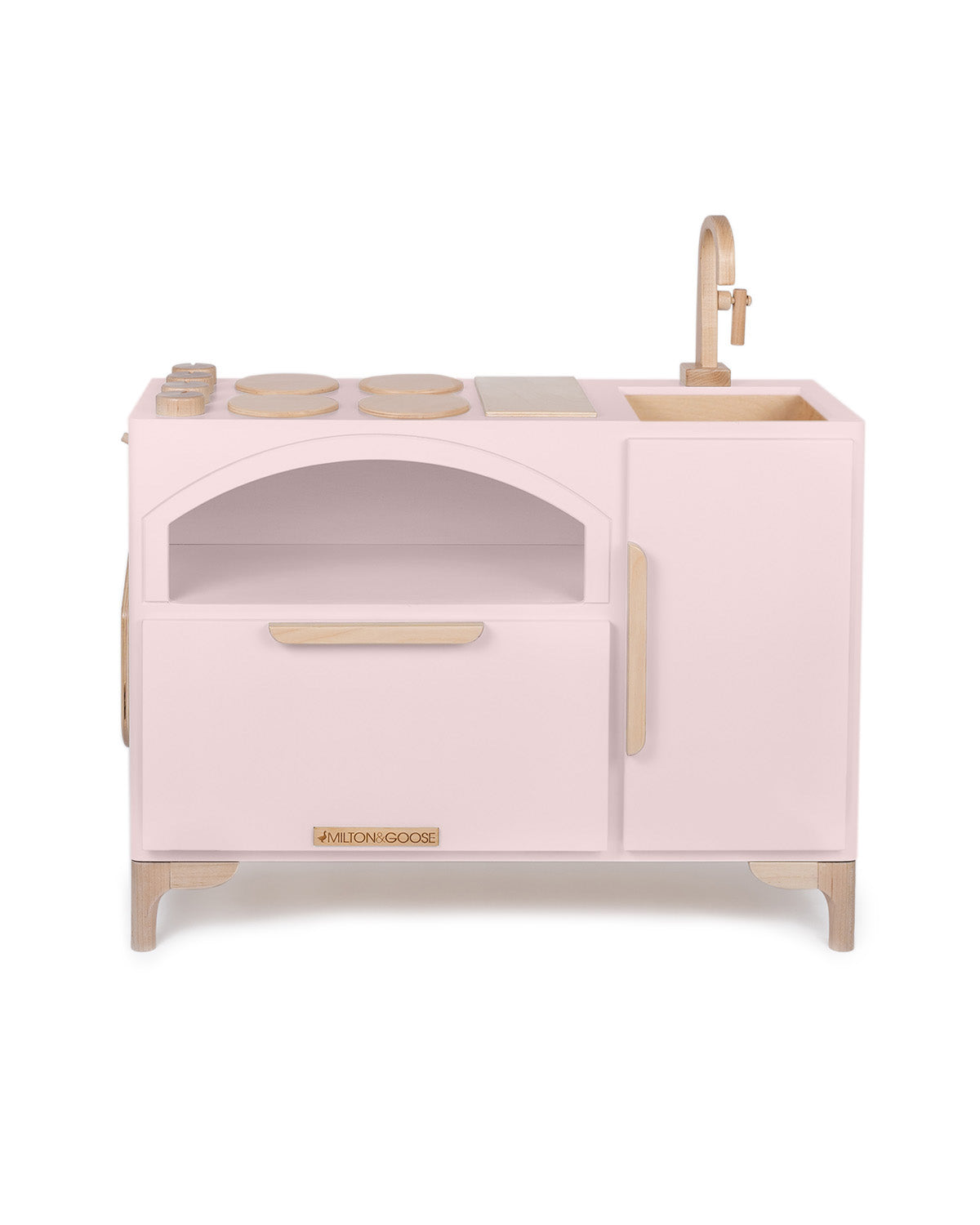 Milton & Goose's Luca Play Kitchen in dusty rose, a pink/gray color. Featuring a pizza oven and coordinating pizza paddle.