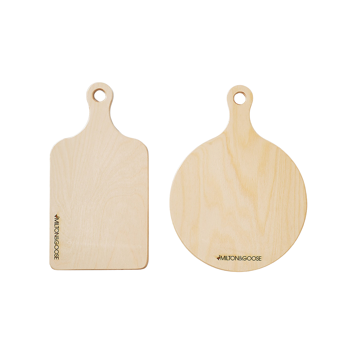 Two pretend wooden bread boards can be seen side-by-side. 