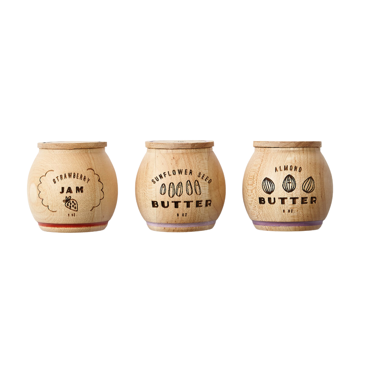 Three wood play jars sit on a gray background. The jars are made of solid wood and are laser engraved.
