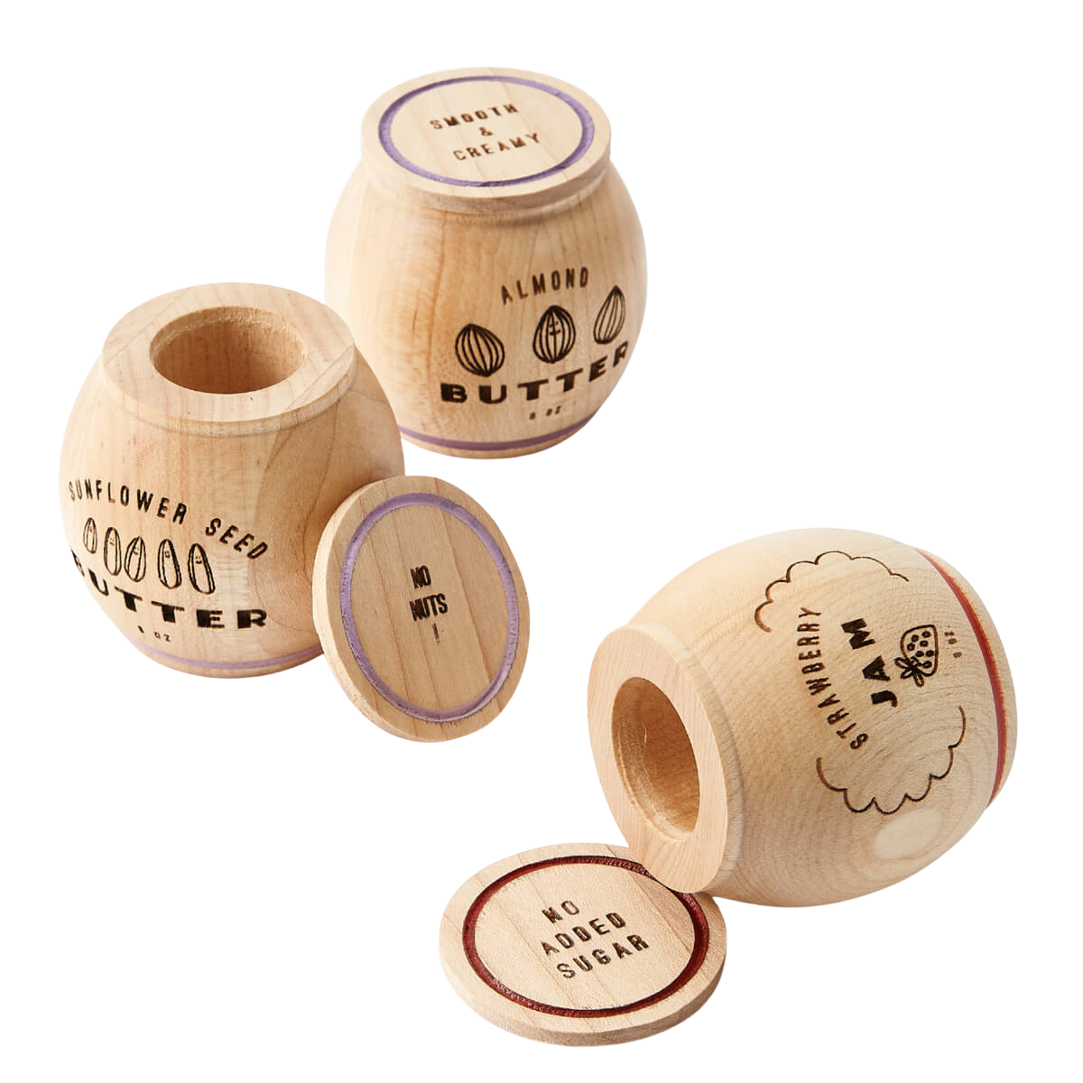 Three wood play jars sit on a gray background. The jars are made of solid wood and are laser engraved.