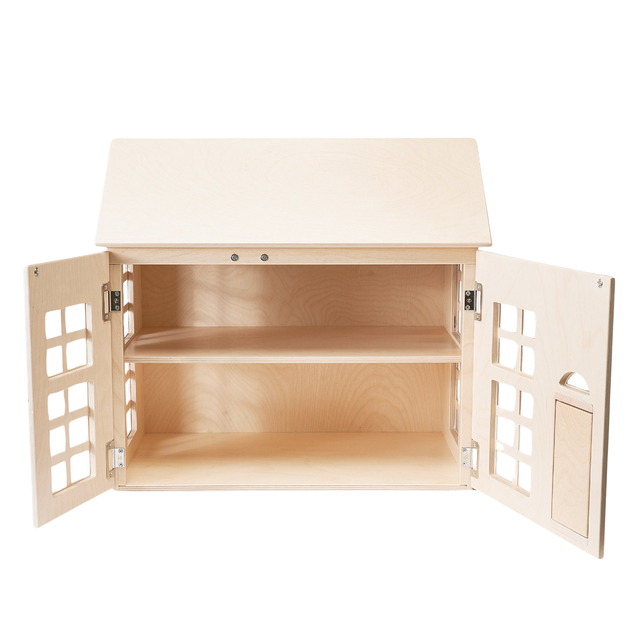 The wooden, handcrafted Hudson Dollhouse is shown with both front doors open. A single shelf is displayed inside to separate the two floors of the dollhouse. 