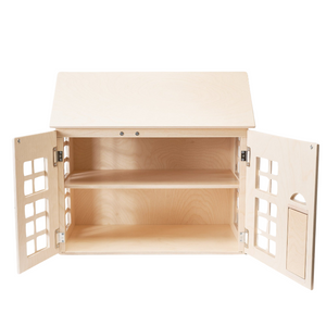 The wooden, handcrafted Hudson Dollhouse is shown with both front doors open. A single shelf is displayed inside to separate the two floors of the dollhouse. 