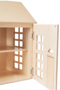 The wooden, handcrafted Hudson Dollhouse in Natural is shown highlighting a door that is open. 