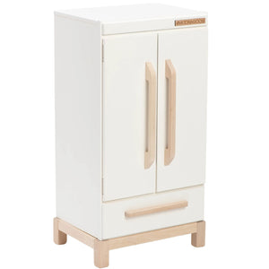 The heirloom-quality, wooden Essential Refrigerator in White is shown at an angle, facing right. 