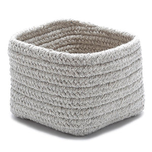 Braided storage basket in light gray color.