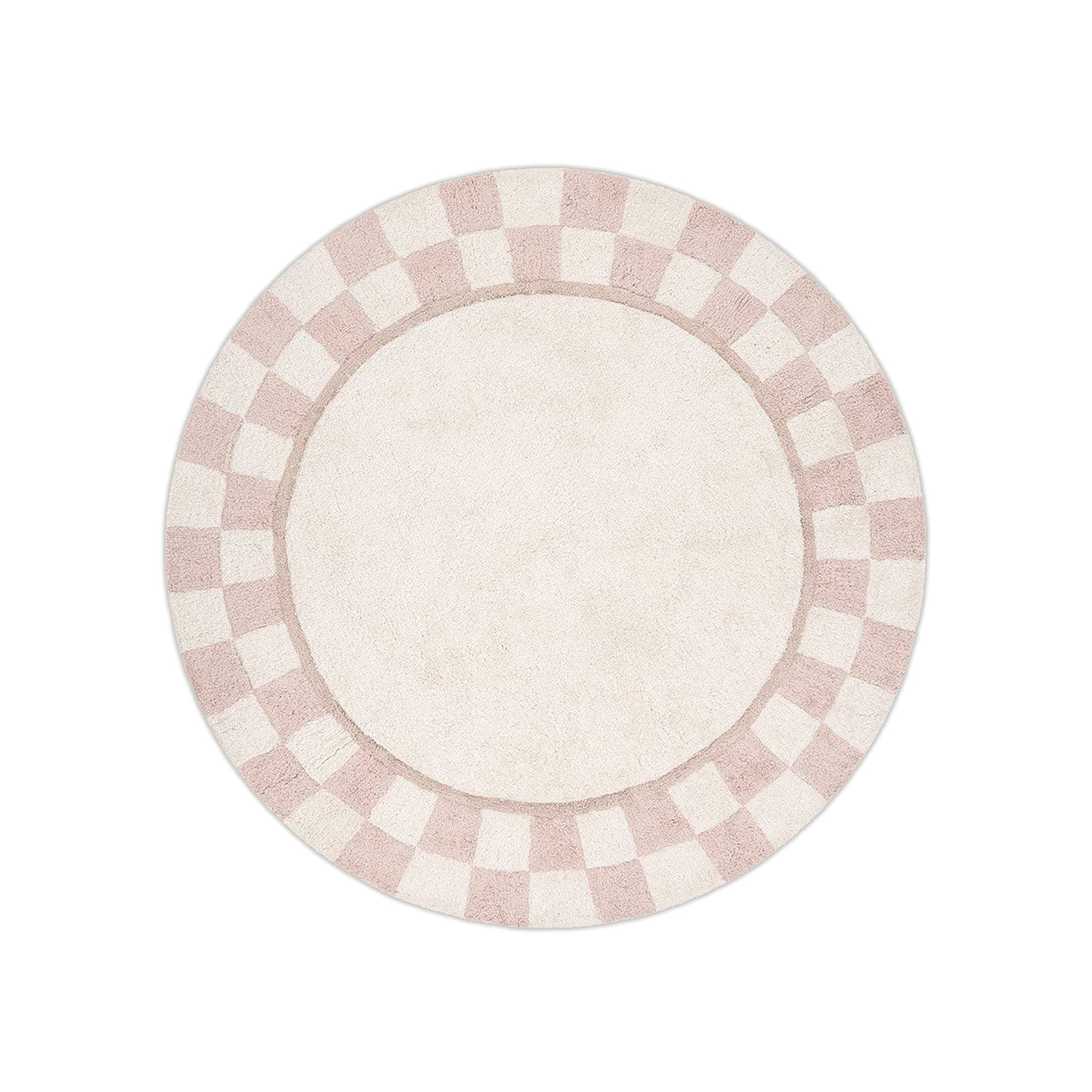 Round washable checkered rug with pink and white pattern on a white background