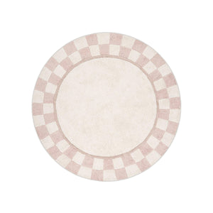 Round washable checkered rug with pink and white pattern on a white background