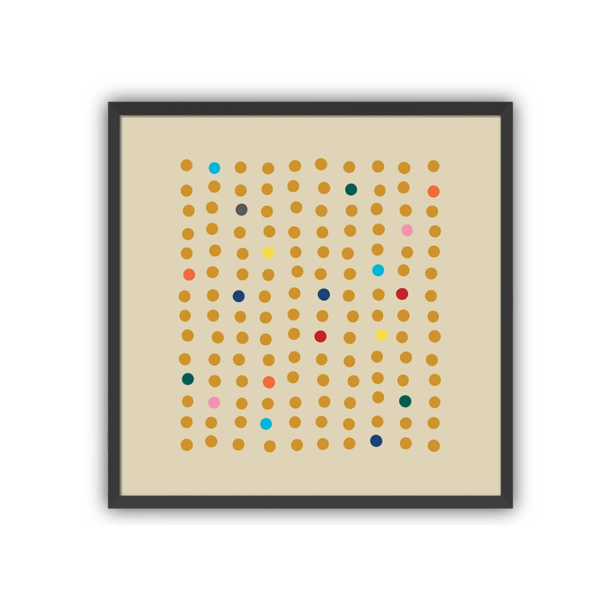Framed abstract art by Julie Goodman-Khasani with colored dots on a beige background in a black frame.