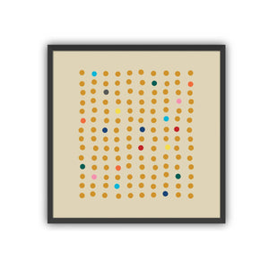 Framed abstract art by Julie Goodman-Khasani with colored dots on a beige background in a black frame.