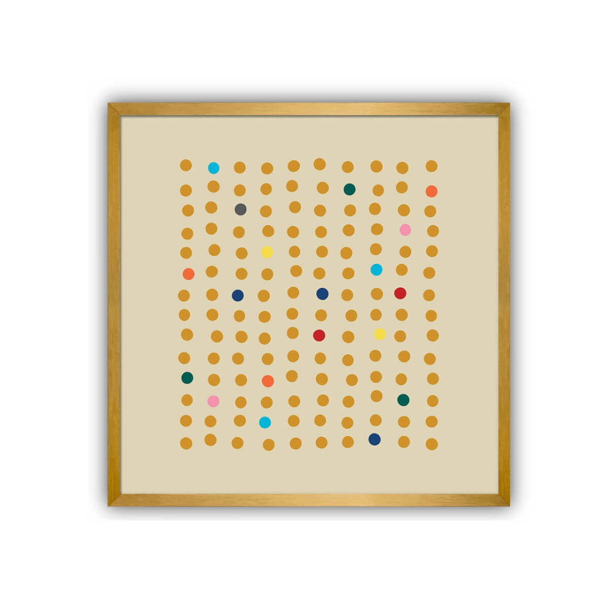 Framed abstract art by Julie Goodman-Khasani with colored dots on a beige background in a gold frame.