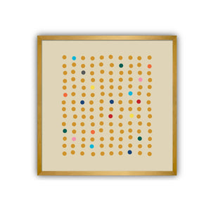 Framed abstract art by Julie Goodman-Khasani with colored dots on a beige background in a gold frame.