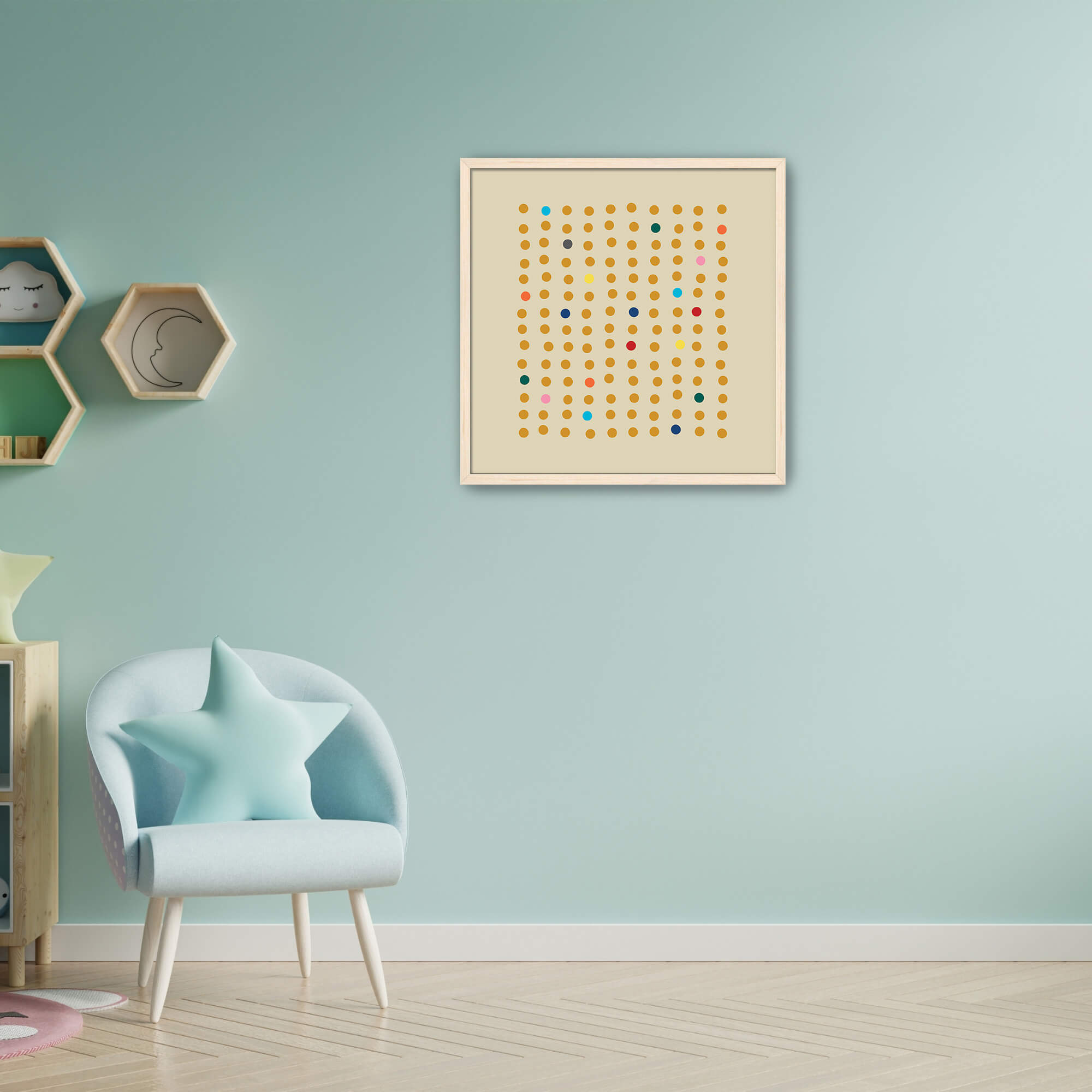 Modern interior with a light blue chair, colorful abstract art on the wall, and hexagonal shelves.