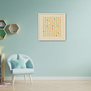 Modern interior with a light blue chair, colorful abstract art on the wall, and hexagonal shelves.