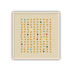 Framed abstract art by Julie Goodman-Khasani with colored dots on a beige background in a maple frame.