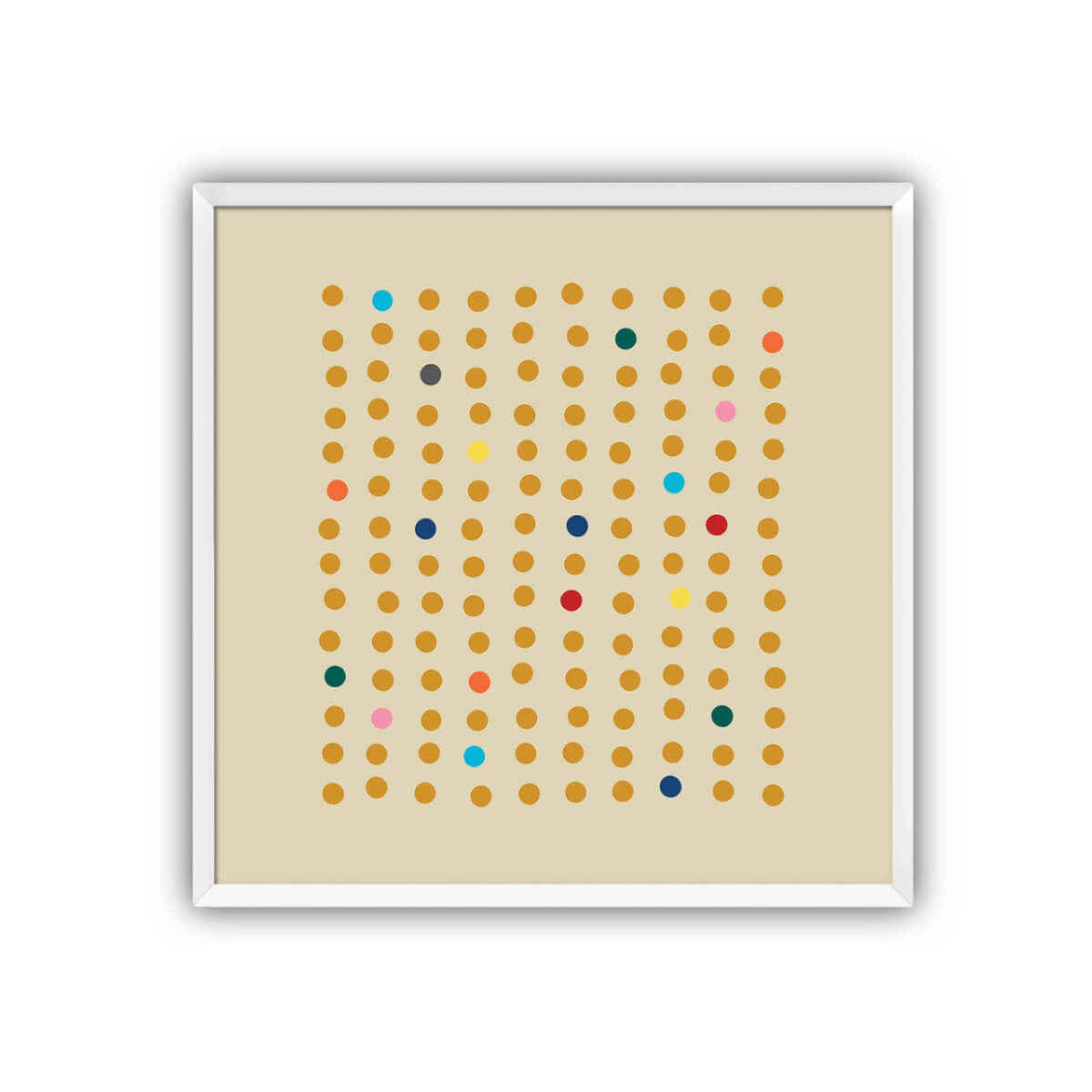 Framed abstract art by Julie Goodman-Khasani with colored dots on a beige background in a white frame.