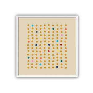 Framed abstract art by Julie Goodman-Khasani with colored dots on a beige background in a white frame.