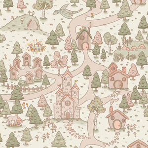 Milton & Goose peel and stick wallpaper with an illustrated pattern of castles, houses, trees, and paths on a light background