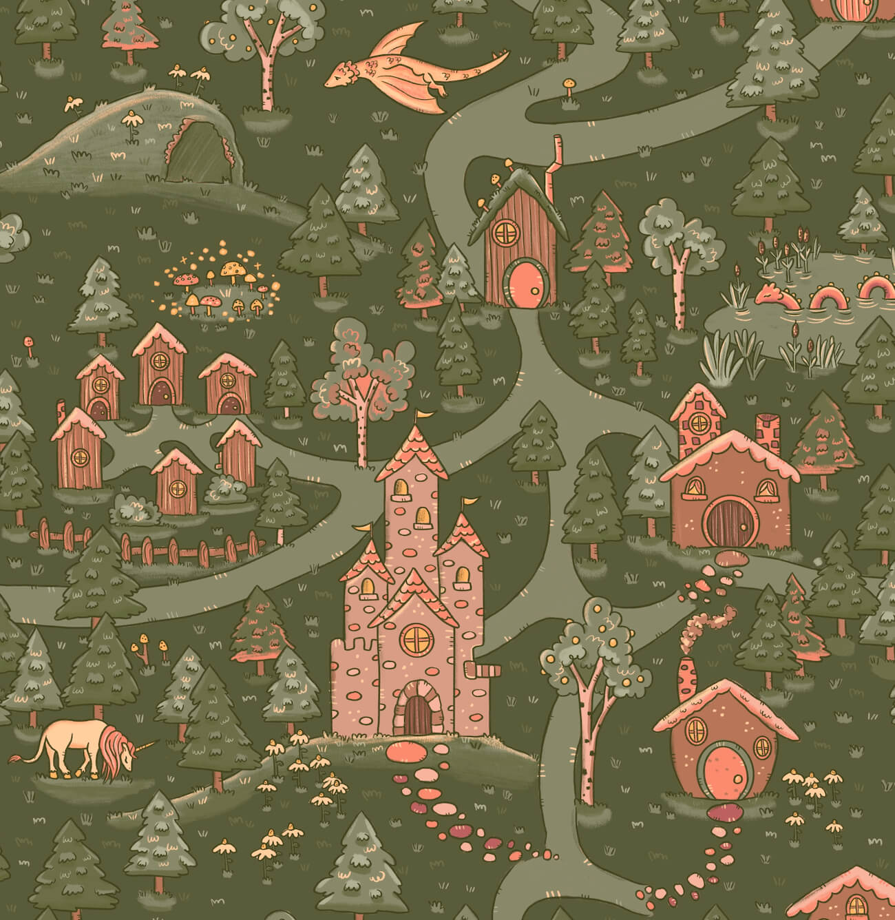 Milton & Goose peel and stick wallpaper with an illustrated pattern of castles, houses, trees, and paths on a dark background