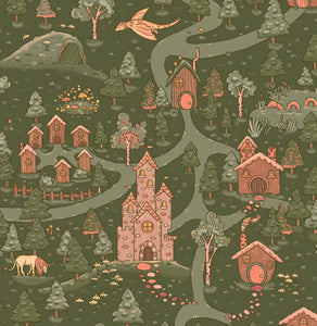 Milton & Goose peel and stick wallpaper with an illustrated pattern of castles, houses, trees, and paths on a dark background