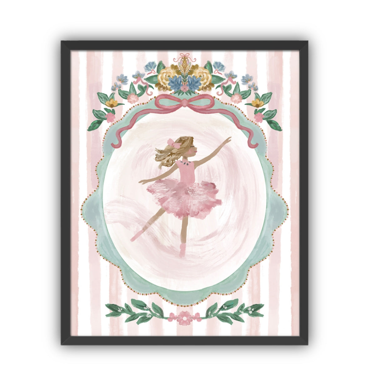 Framed artwork of a ballerina with blond hair in a pink dress with floral decorations on a striped background in a black frame.