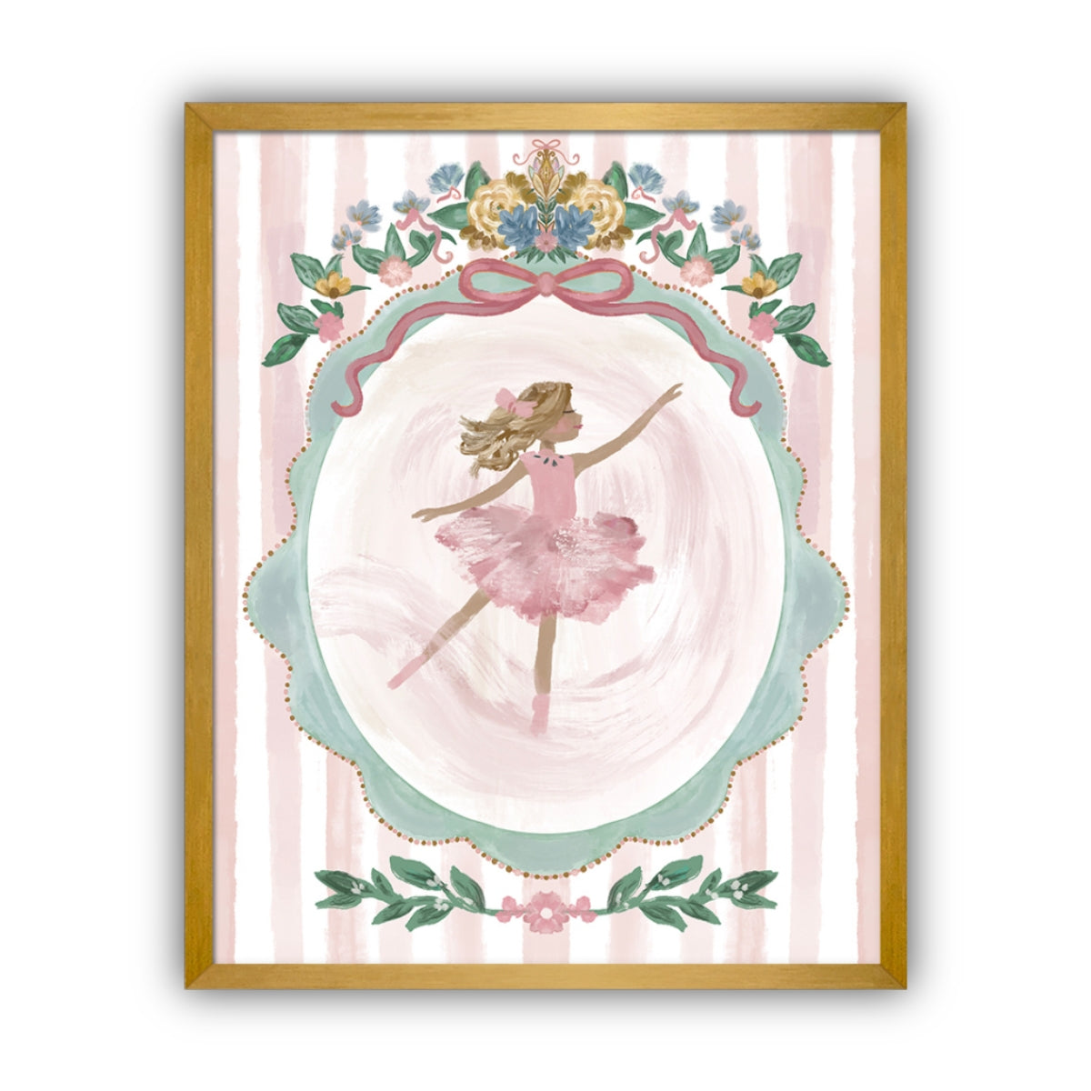 Framed artwork of a ballerina with blond hair in a pink dress with floral decorations on a striped background in a gold frame.