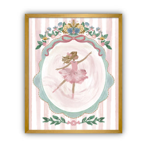 Framed artwork of a ballerina with blond hair in a pink dress with floral decorations on a striped background in a gold frame.