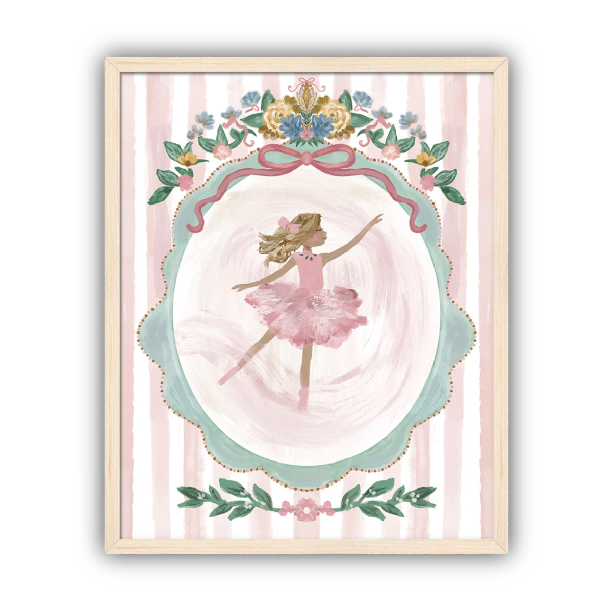 Framed artwork of a ballerina with blond hair in a pink dress with floral decorations on a striped background in a maple frame.