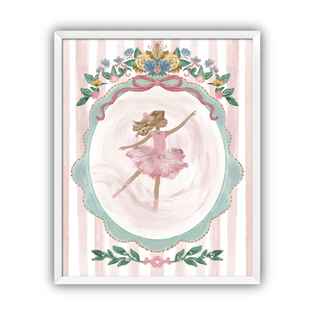 Framed artwork of a ballerina with blond hair in a pink dress with floral decorations on a striped background in a white frame.