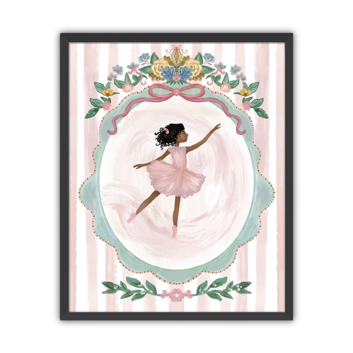 Framed artwork of a ballerina with black hair in a pink dress with floral decorations on a striped background in a black frame.