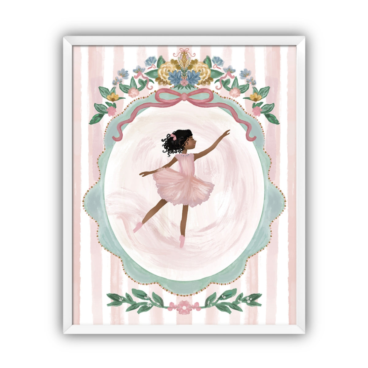 Framed artwork of a ballerina with black hair in a pink dress with floral decorations on a striped background in a white frame.