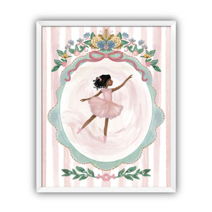 Framed artwork of a ballerina with black hair in a pink dress with floral decorations on a striped background in a white frame.