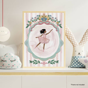 Framed artwork of a ballerina in a decorative frame on a shelf with soft lighting. Image for demonstration purposes only - frame not included as noted.