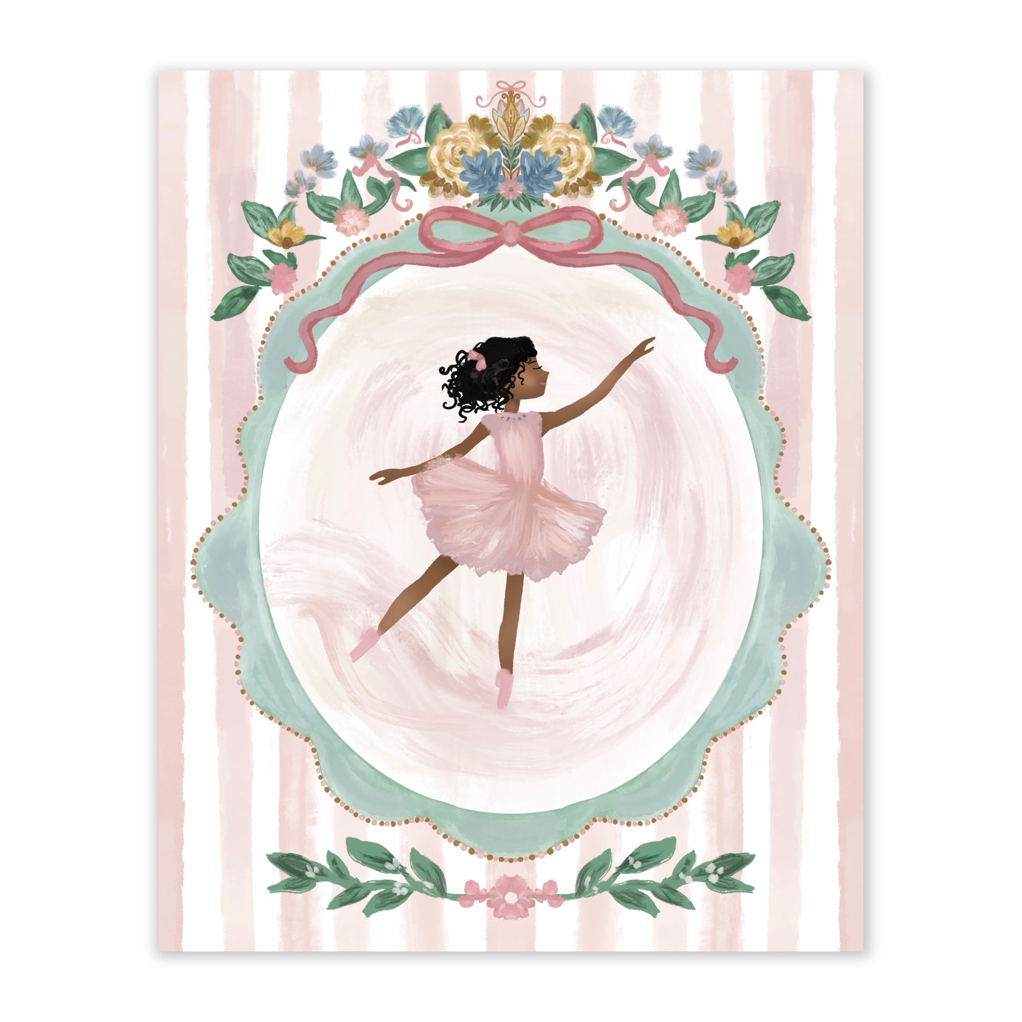 Painting of a ballerina in a pink dress with decorative elements on a striped background.