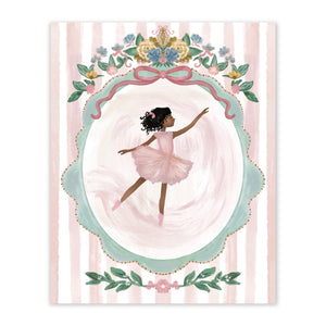 Painting of a ballerina in a pink dress with decorative elements on a striped background.