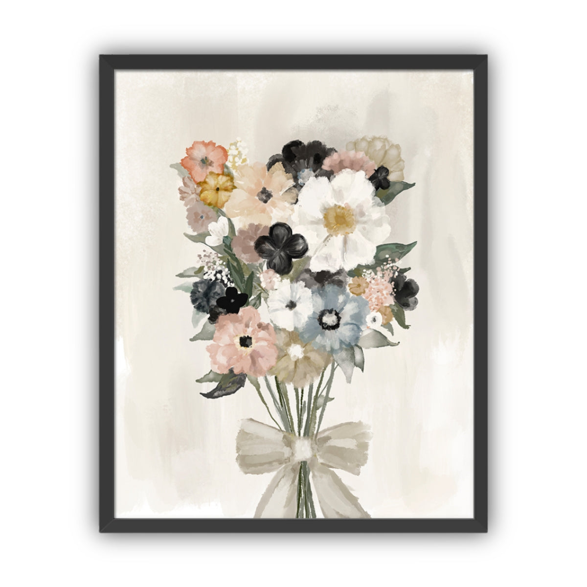 Framed floral artwork with a bouquet of flowers and a bow on a beige background in a black frame.