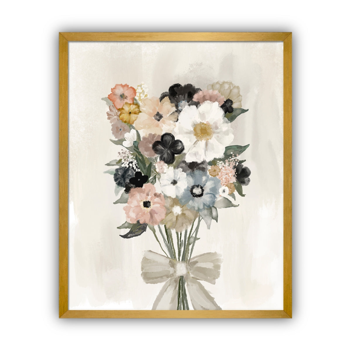 Framed floral artwork with a bouquet of flowers and a bow on a beige background in a gold frame.