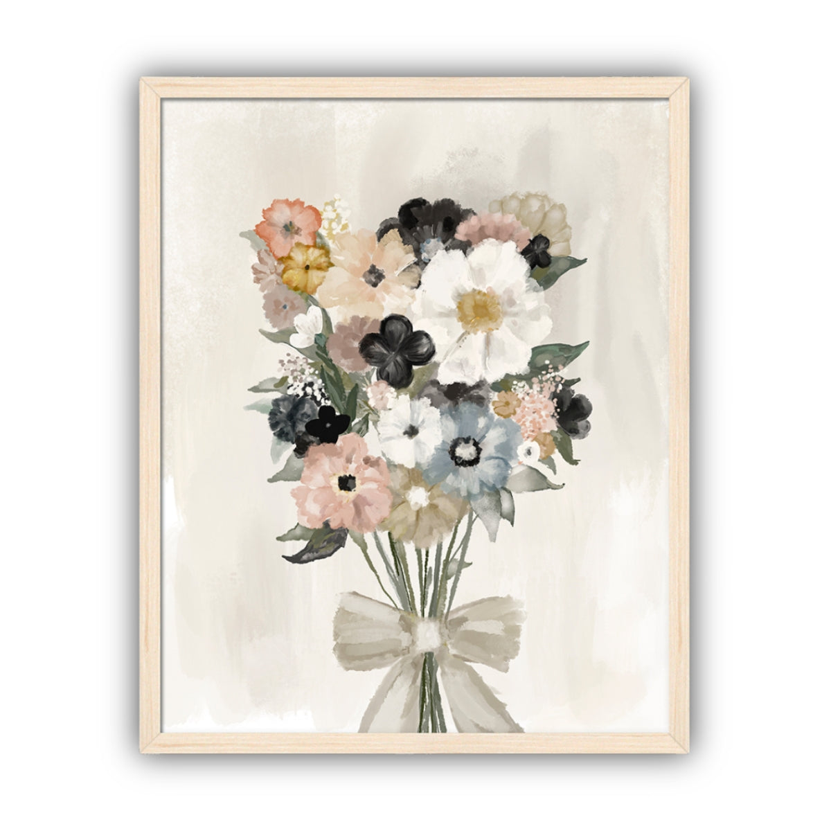 Framed floral artwork with a bouquet of flowers and a bow on a beige background in a maple frame.