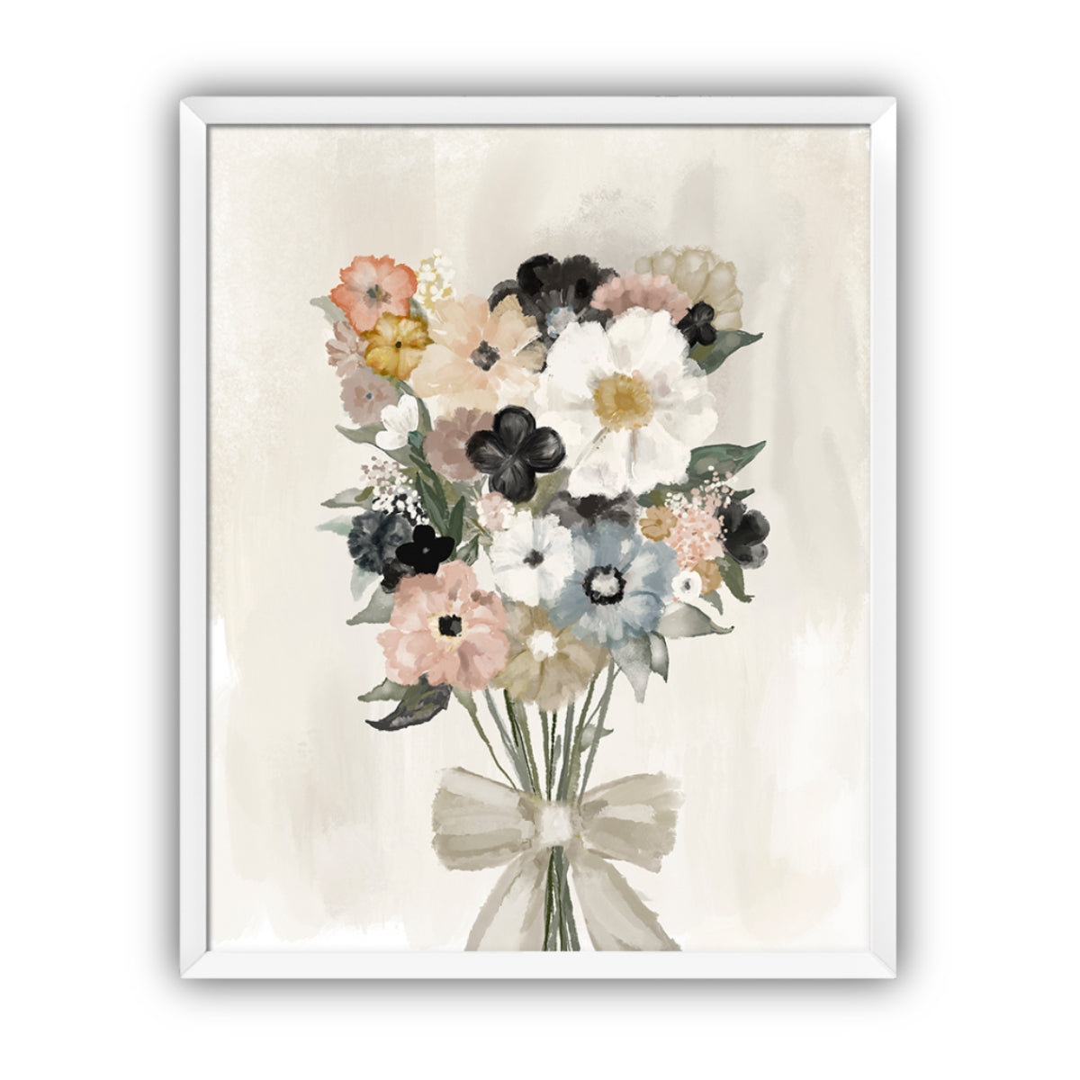 Framed floral artwork with a bouquet of flowers and a bow on a beige background in a white frame.