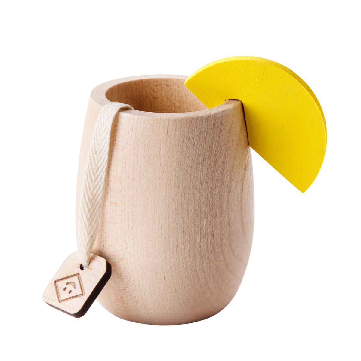 A wood play cup with a faux tea bag and wood lemon wedge by Milton & Goose.