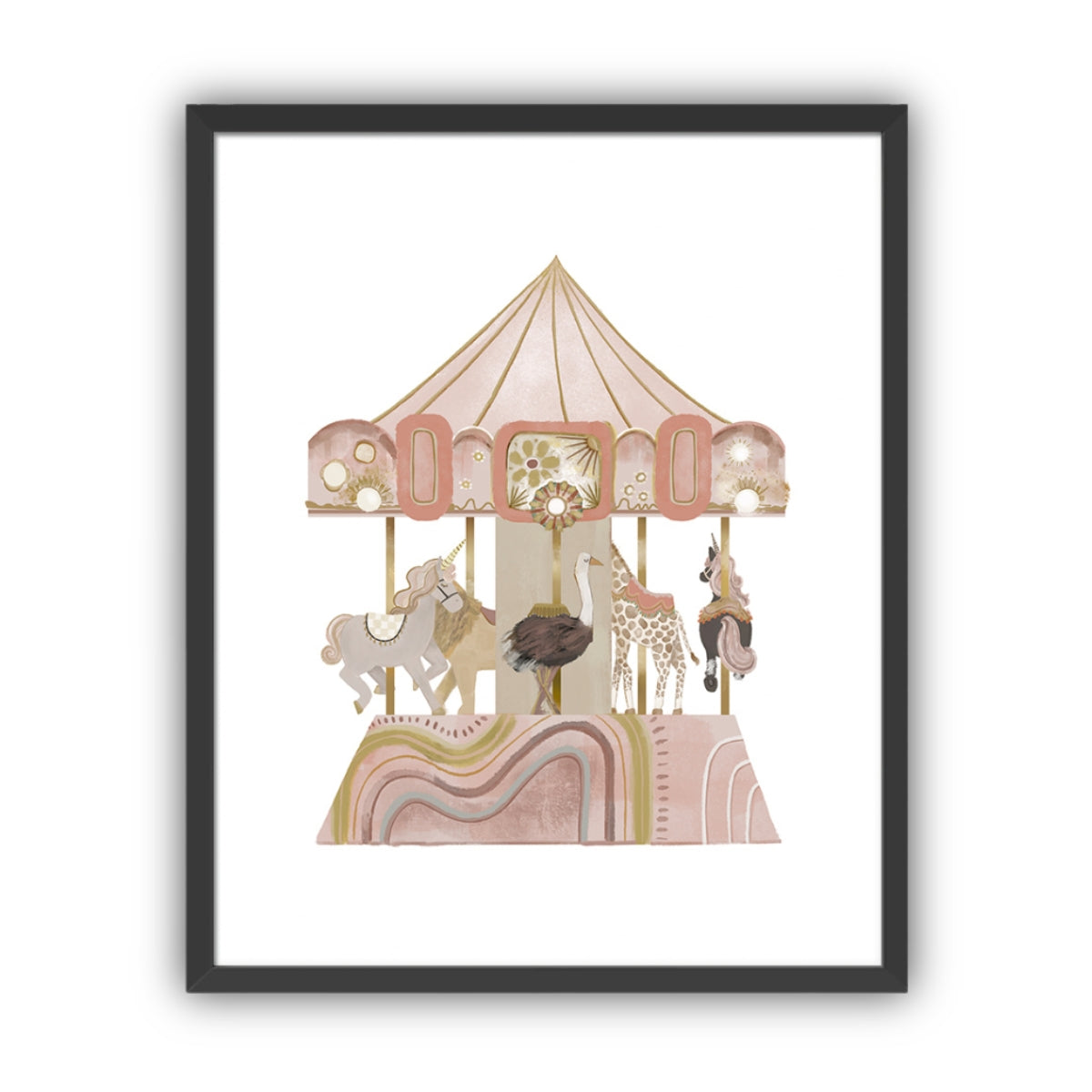 Framed artwork of a carousel with animals in pink and gold hues on a white background in a black frame.