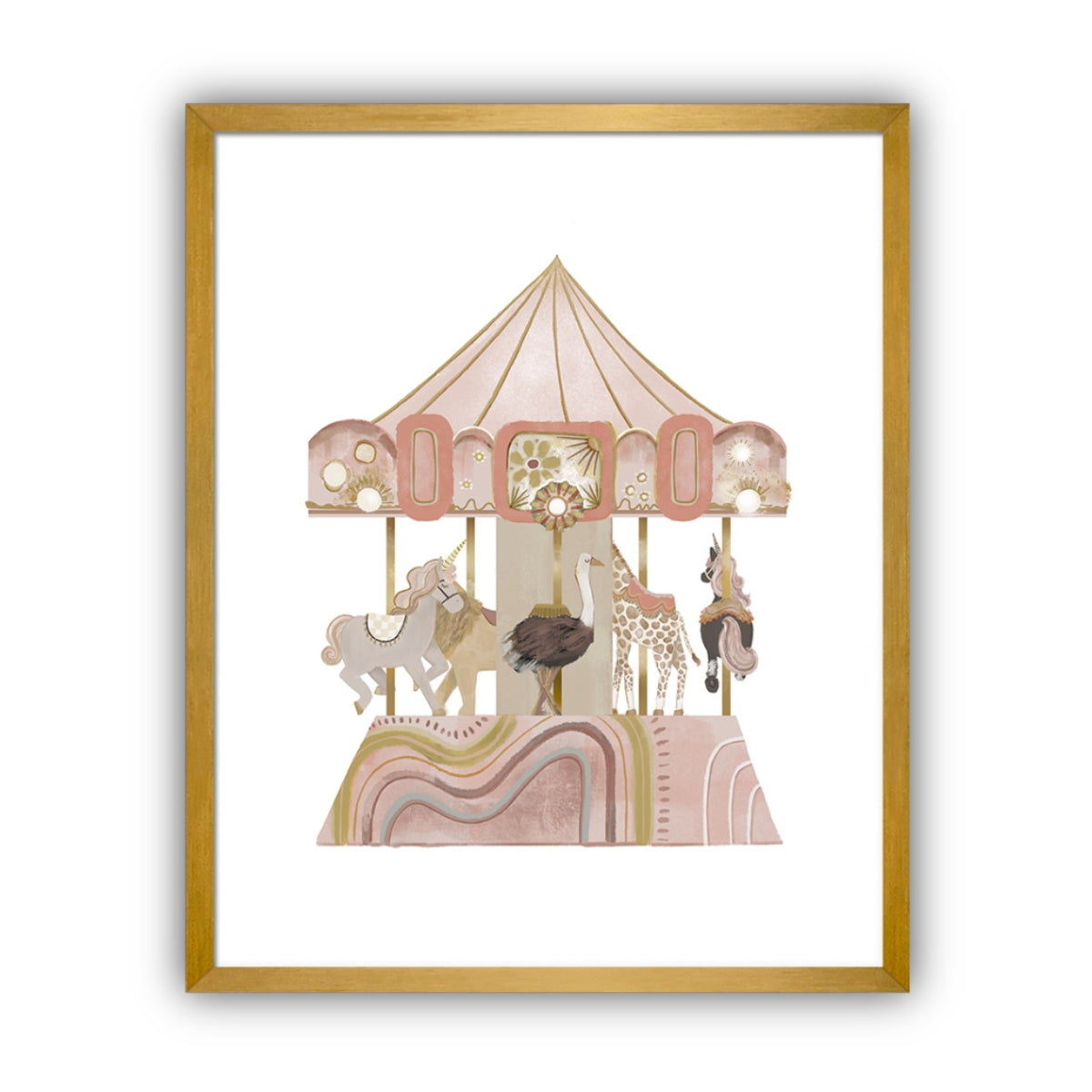 Framed artwork of a carousel with animals in pink and gold hues on a white background in a gold frame.