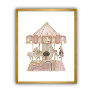 Framed artwork of a carousel with animals in pink and gold hues on a white background in a gold frame.