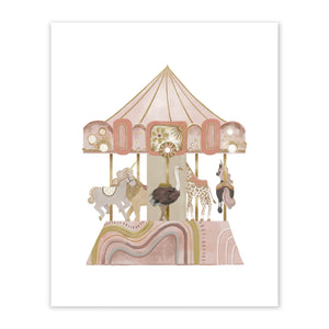 Painting of a carousel with animals on a white background