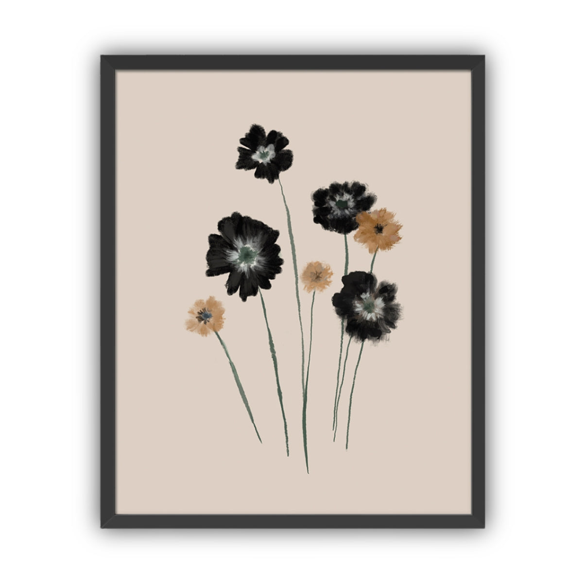 Framed artwork of black and brown flowers on a beige background in a black frame.