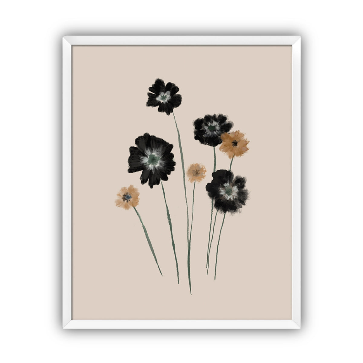 Framed artwork of black and brown flowers on a beige background in a white frame.