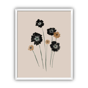 Framed artwork of black and brown flowers on a beige background in a white frame.