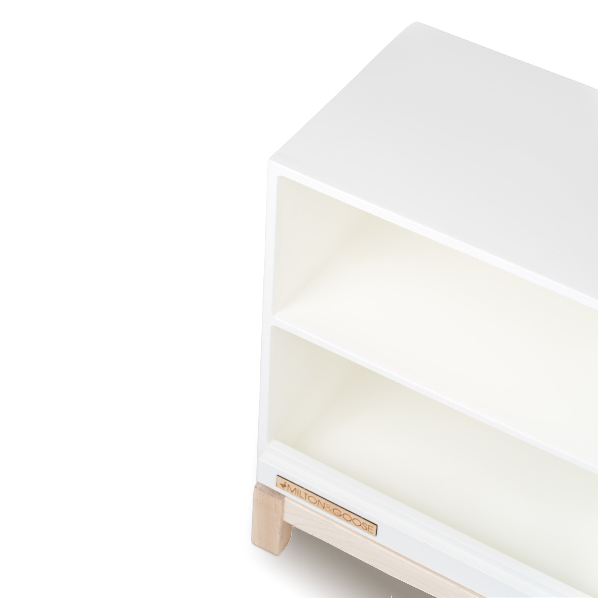 Top corner looking down of the wooden play kitchen countertop add-on for the Essential play kitchen by Milton & Goose in white on a white background