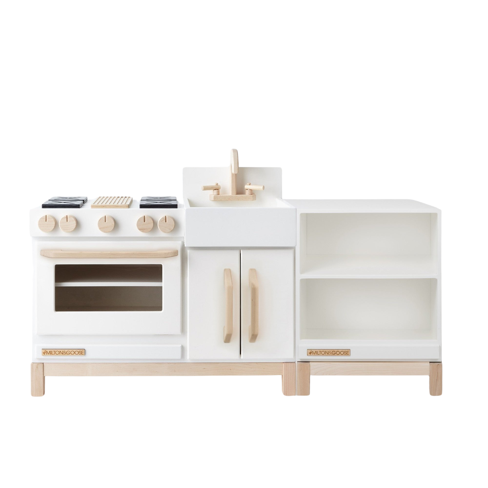 The wooden Essential Play Kitchen Countertop in White is shown next to the Essential Play Kitchen in White. Both are facing forward. 