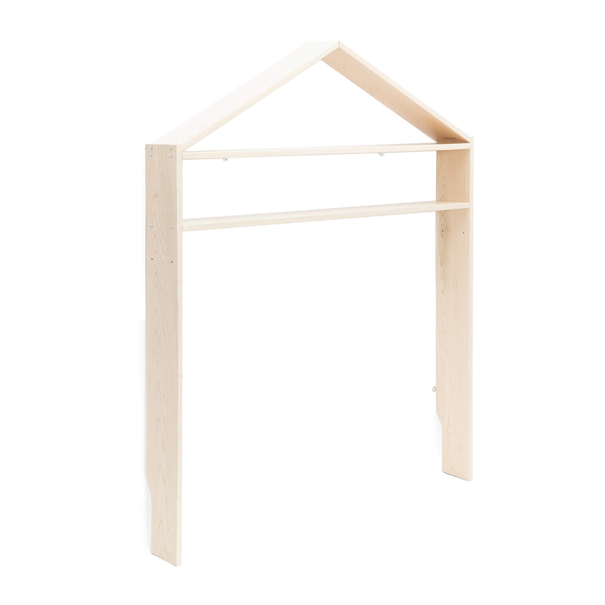 Wooden house shaped shelf for children's room in natural wood on white background and turned to see the side